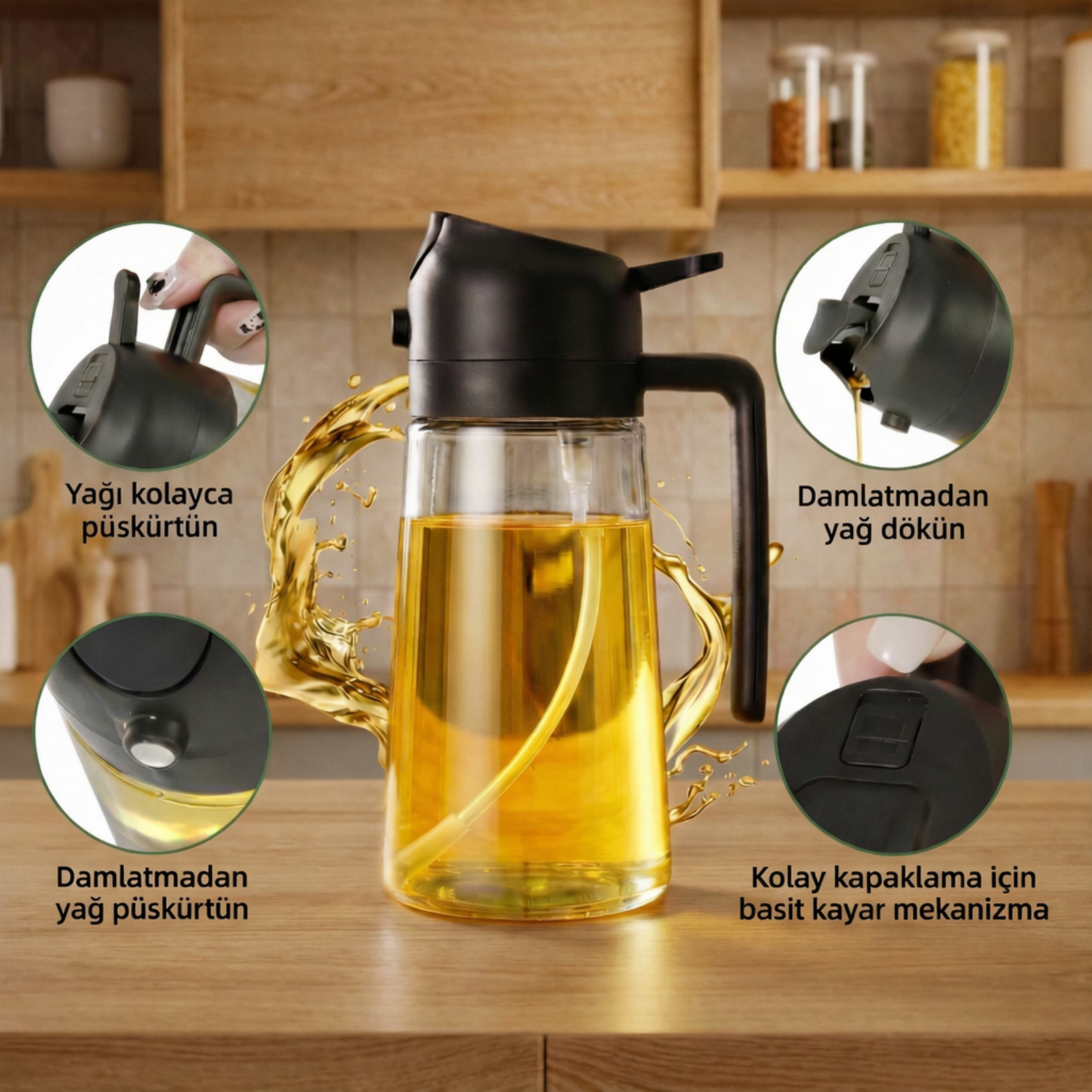 Büyük Boy (600 mL) Dökme ve Püskürtme Özellikli Akıtmaz Cam Yağdanlık