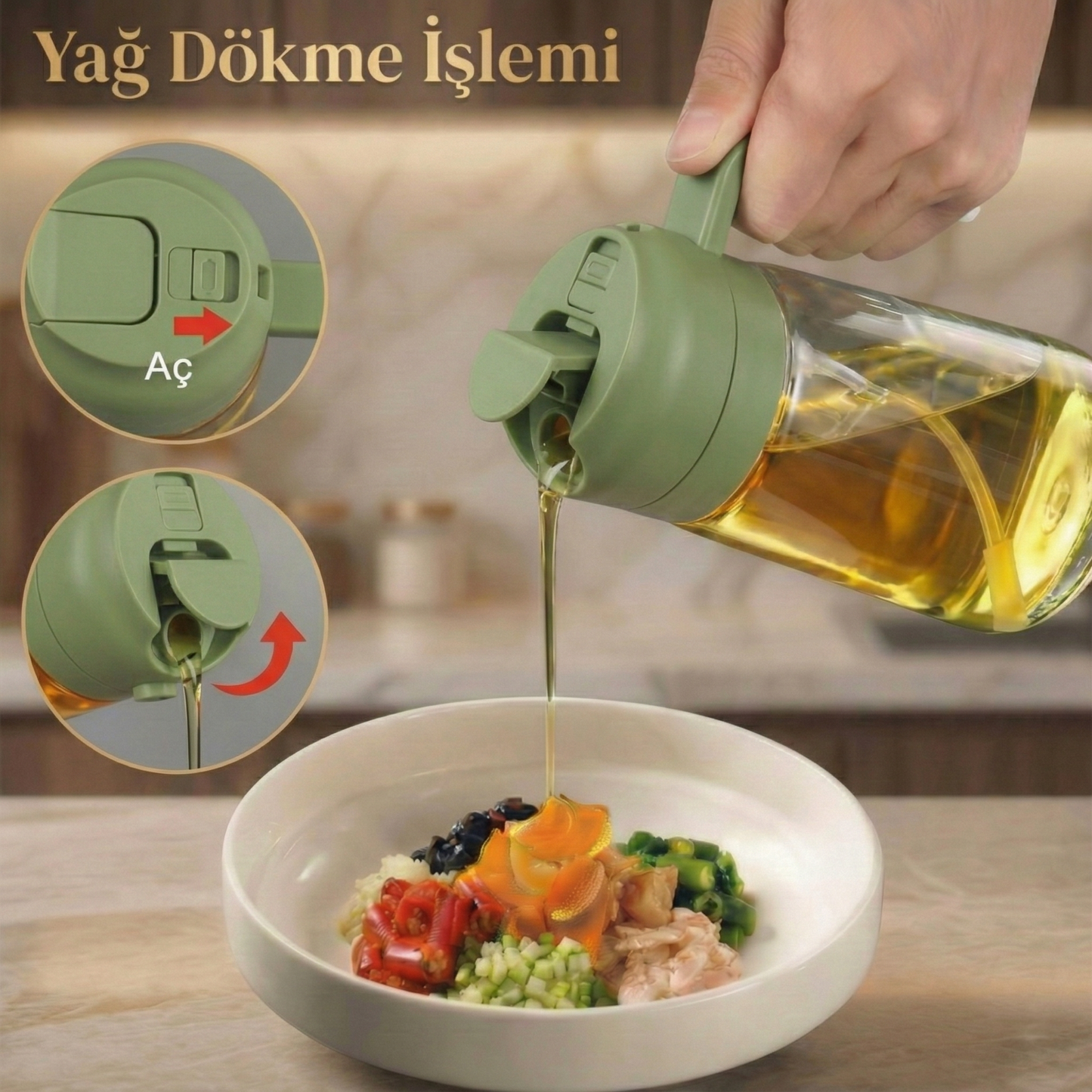 Büyük Boy (600 mL) Dökme ve Püskürtme Özellikli Akıtmaz Cam Yağdanlık