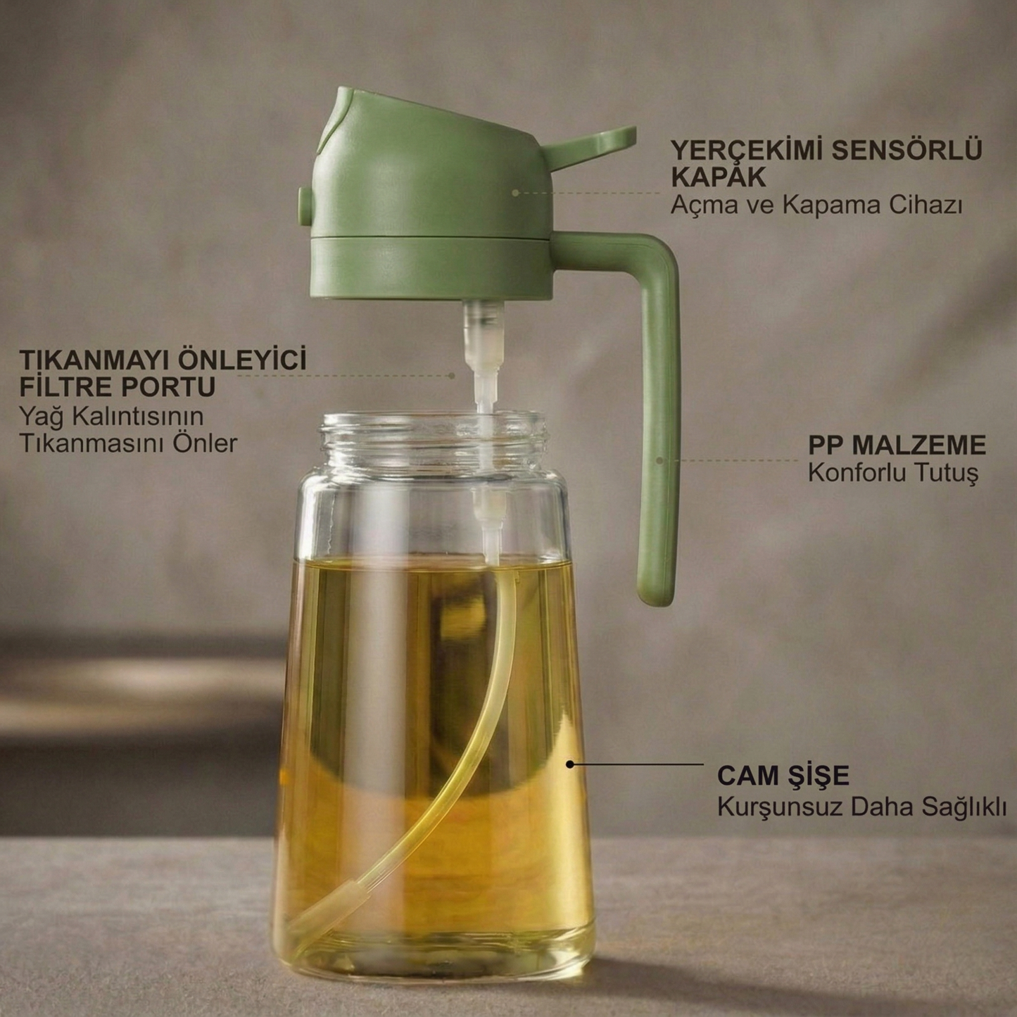 Büyük Boy (600 mL) Dökme ve Püskürtme Özellikli Akıtmaz Cam Yağdanlık