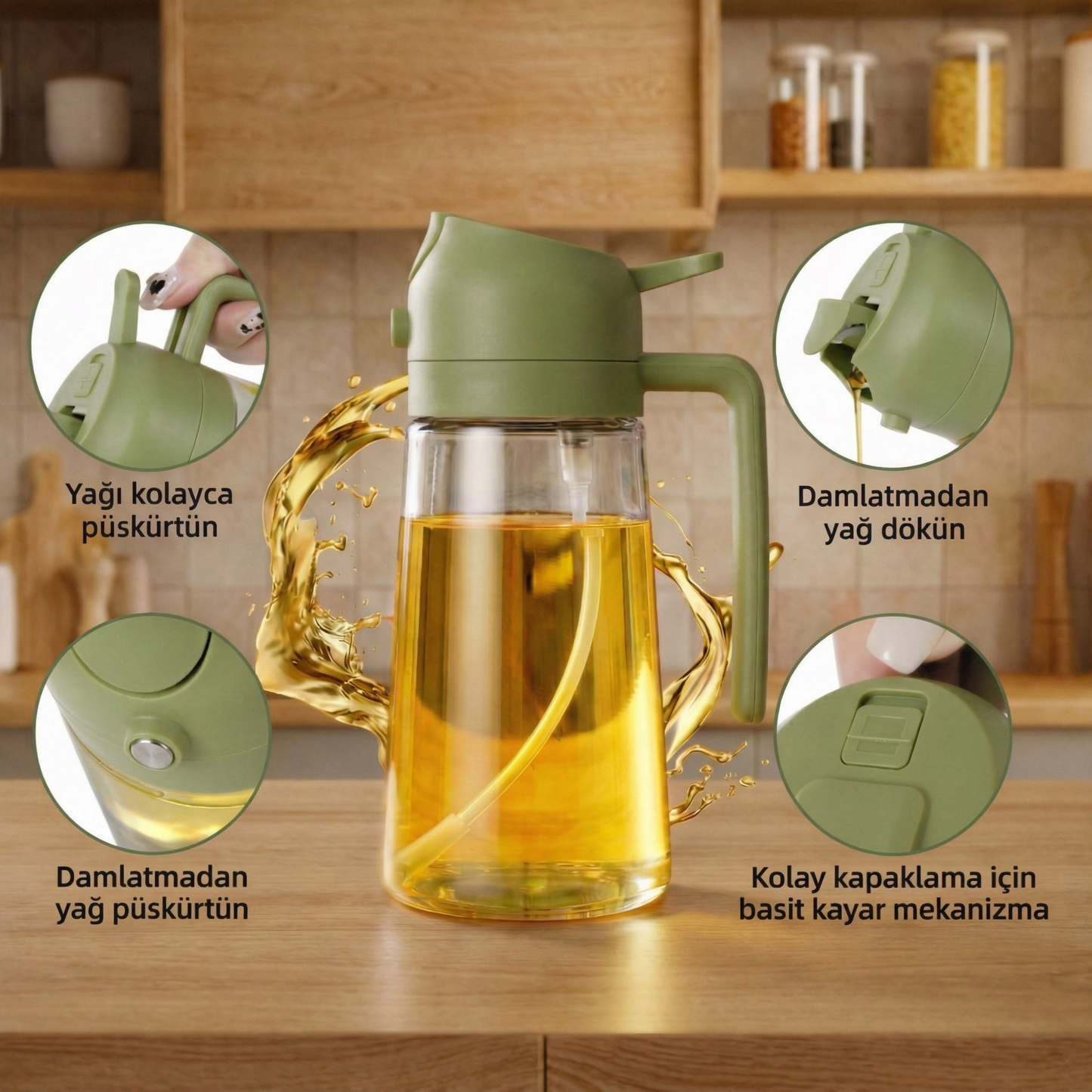 Büyük Boy (600 mL) Dökme ve Püskürtme Özellikli Akıtmaz Cam Yağdanlık