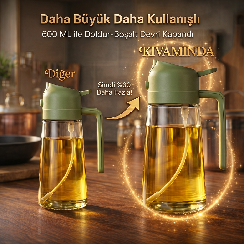 Büyük Boy (600 mL) Dökme ve Püskürtme Özellikli Akıtmaz Cam Yağdanlık